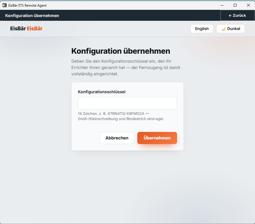 EisBär ETS Remote Agent, Dialog „Konfiguration übernehmen“ mit dem Eingabefeld für den Konfigurationsschlüssel