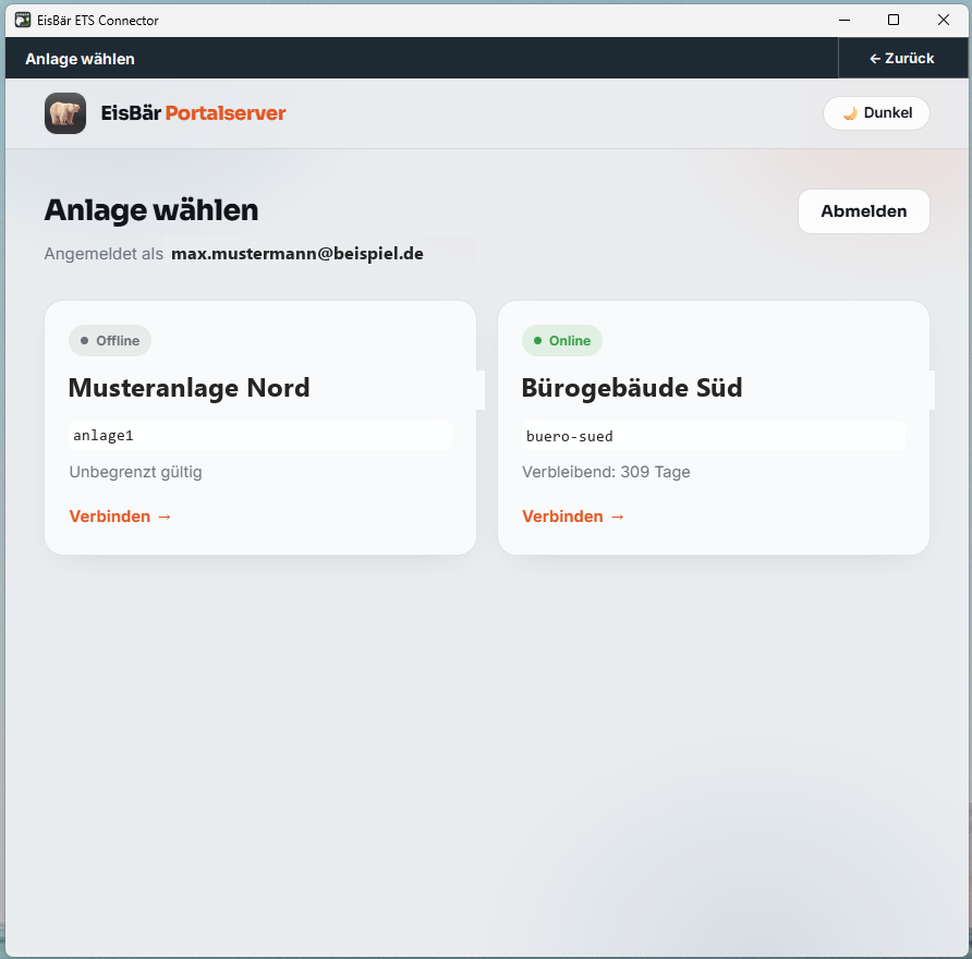 EisBär ETS Connector, Fenster „Anlage wählen“ mit zwei Anlagenkarten und deren Online-Status