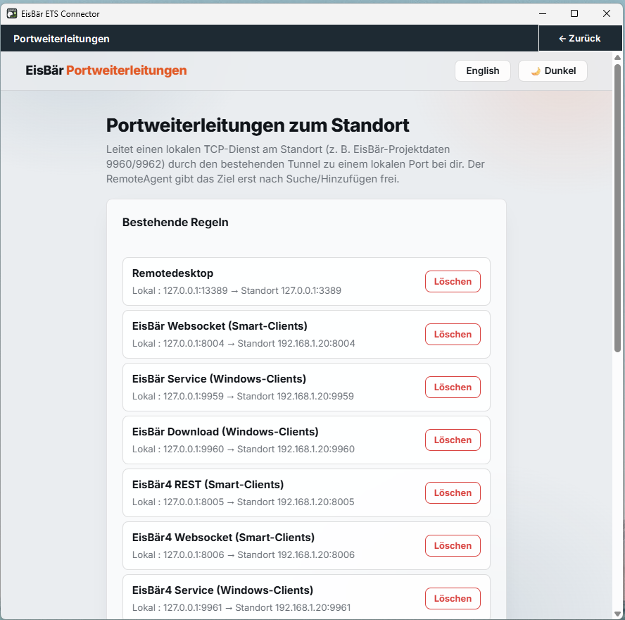 EisBär ETS Connector, Fenster „Portweiterleitungen zum Standort“ mit einer Liste bestehender Regeln von lokalen auf entfernte Ports