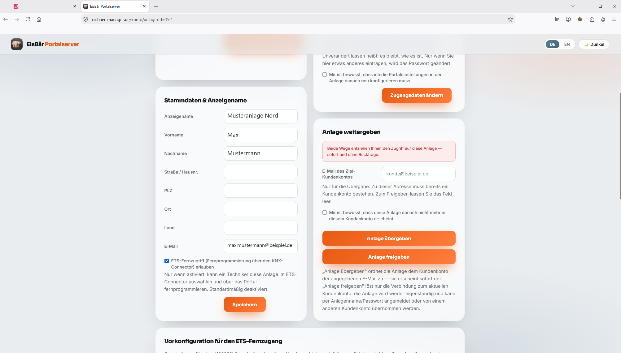 EisBär-Portal, Anlagenstammdaten: Das Kontrollkästchen „ETS-Fernzugriff (Fernprogrammierung über den KNX-Connector) erlauben“ ist aktiviert
