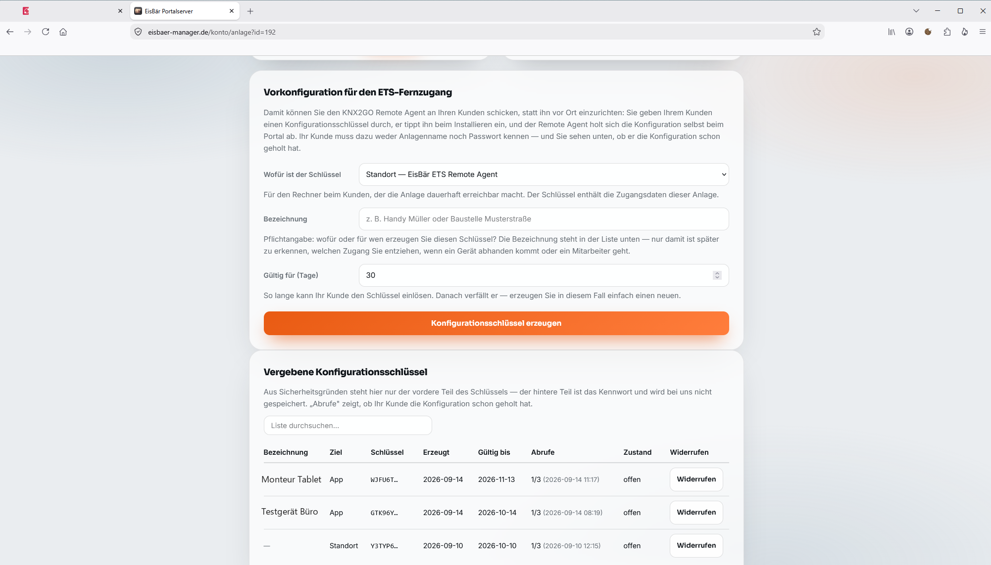 EisBär-Portal: Formular „Vorkonfiguration für den ETS-Fernzugang“ und darunter die Liste der vergebenen Konfigurationsschlüssel
